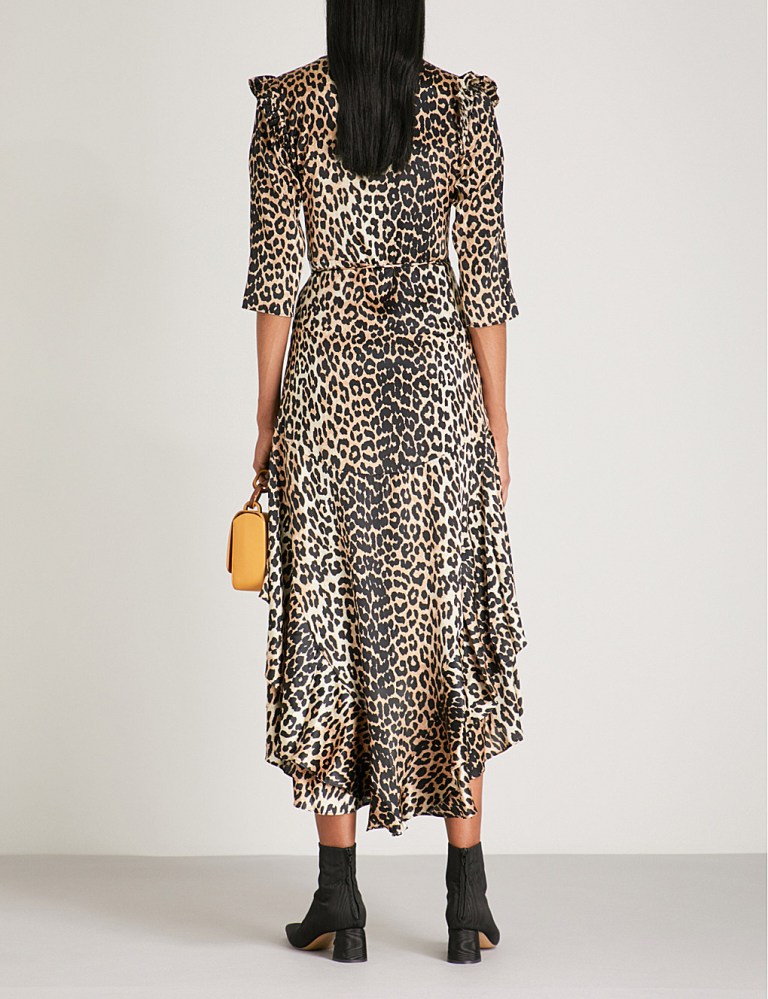 Ganni Calla leopard-print stretch-silk wrap dress back view