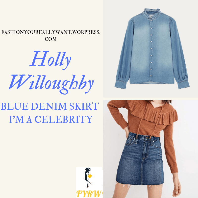 Where to get Holly Willoughby I'm a Celebrity blue denim skirt chambray shirt tan ankle boots outfit blog November 2018