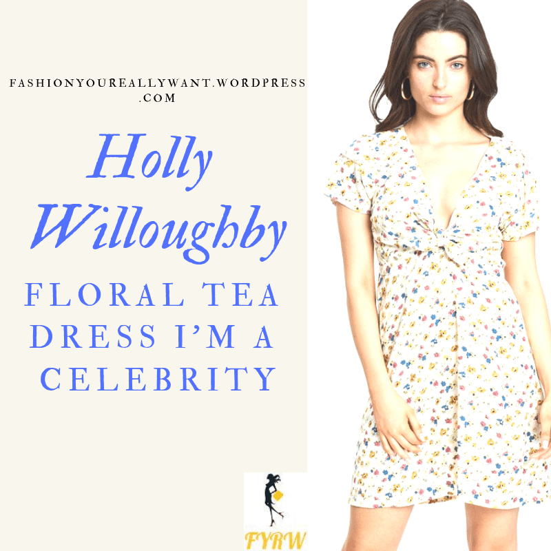 Where to get Holly Willoughby I'm a Celebrity floral white tie front dress tan boots outfit blog November 2018