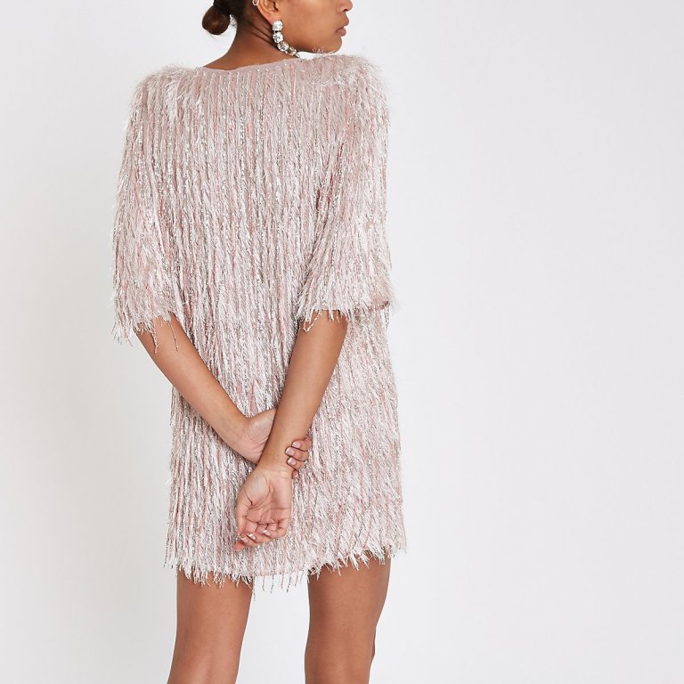 River Island Light Pink sequin fringe swing dress back view
