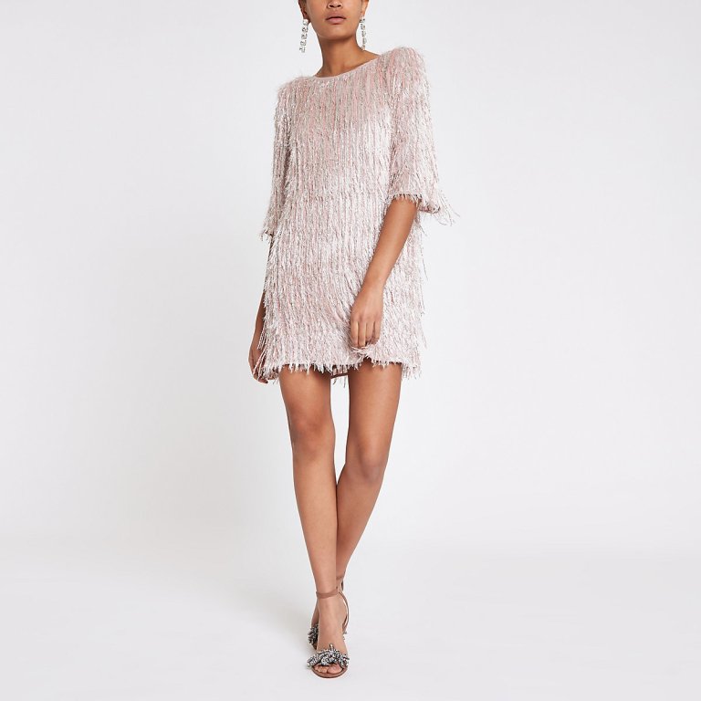 River Island Light Pink sequin fringe swing dress