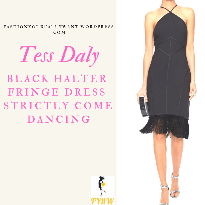 Where to get Tess Daly Strictly black halterneck fringe hem dress outfit November 2018