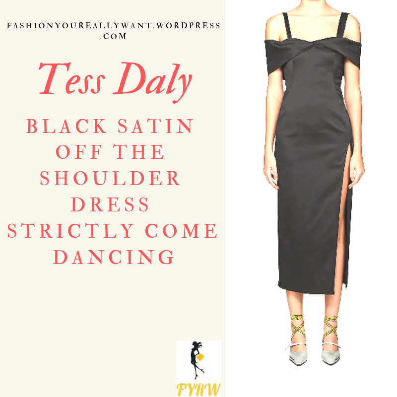 Where to get Tess Daly black off the shoulder satin split dress dress Strictly blog November 2018