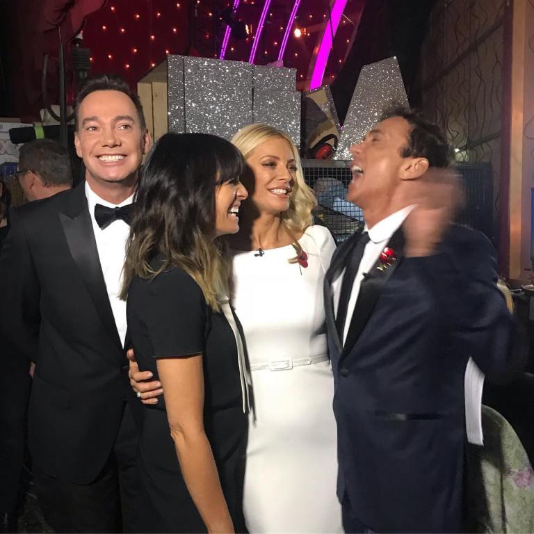 Where to get claudia winkleman black dress white tie Tess Daly white split sleeve dress Strictly November 2018