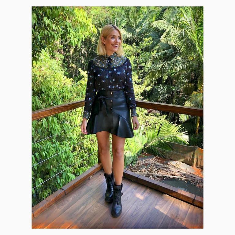where to get Holly Willoughby black floral print blouse black leather skirt black boots I'm a Celebrity November 2018
