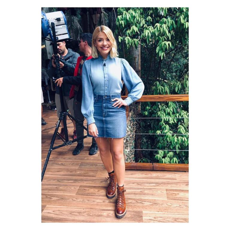 where to get holly Willoughby blue denim skirt blue shirt tan brown boots I'm a Celebrity November 2018