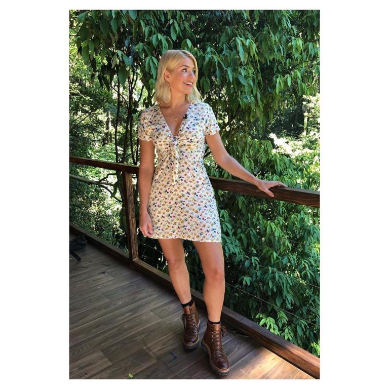 Where to get holly willoughby I'm a Celebrity floral tie front dress tan boots November 2018