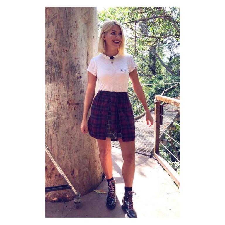where to get holly Willoughby I'm a Celebrity red plaid skirt white t-shirt black shiny boots November 2018