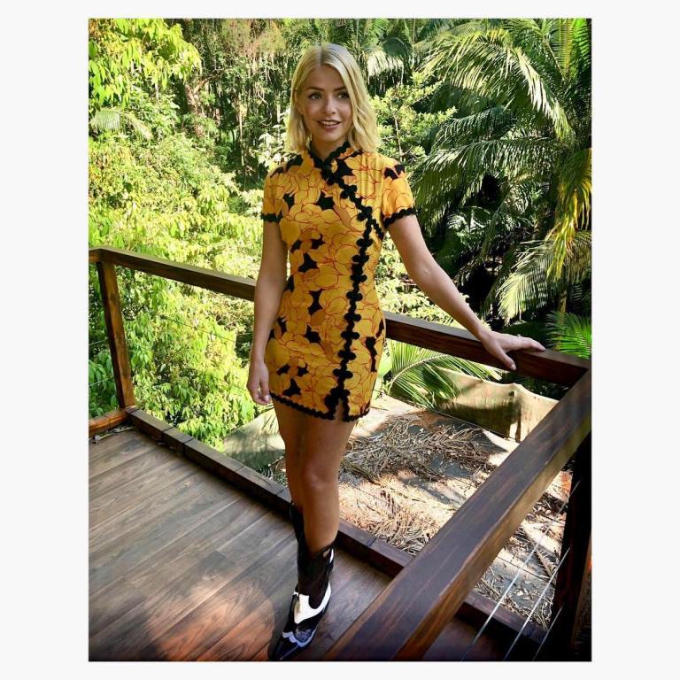 where to get holly willoughby yellow and orange oriental floral dress black and white cowboy boots I'm a Celebrity November 2018