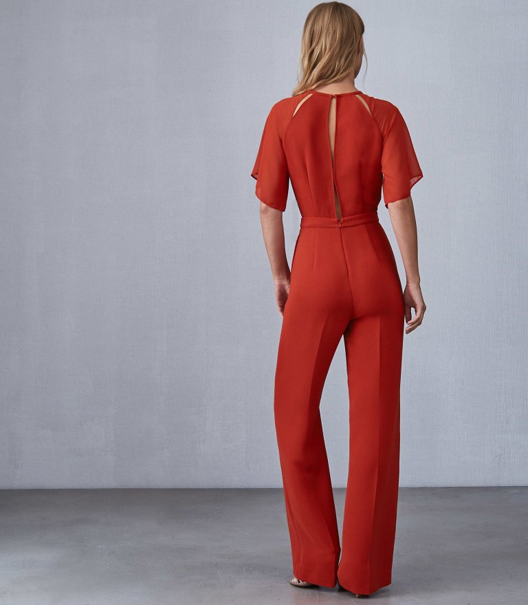 REISS Scarlet - Wide Leg Jumpsuit in Red back view
