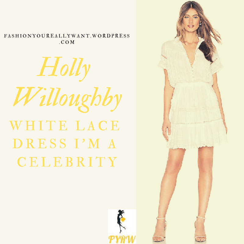 Where to get Holly Wlloughby I'm a Celebrity white lace dress black belt black boots outfit blog December 2018