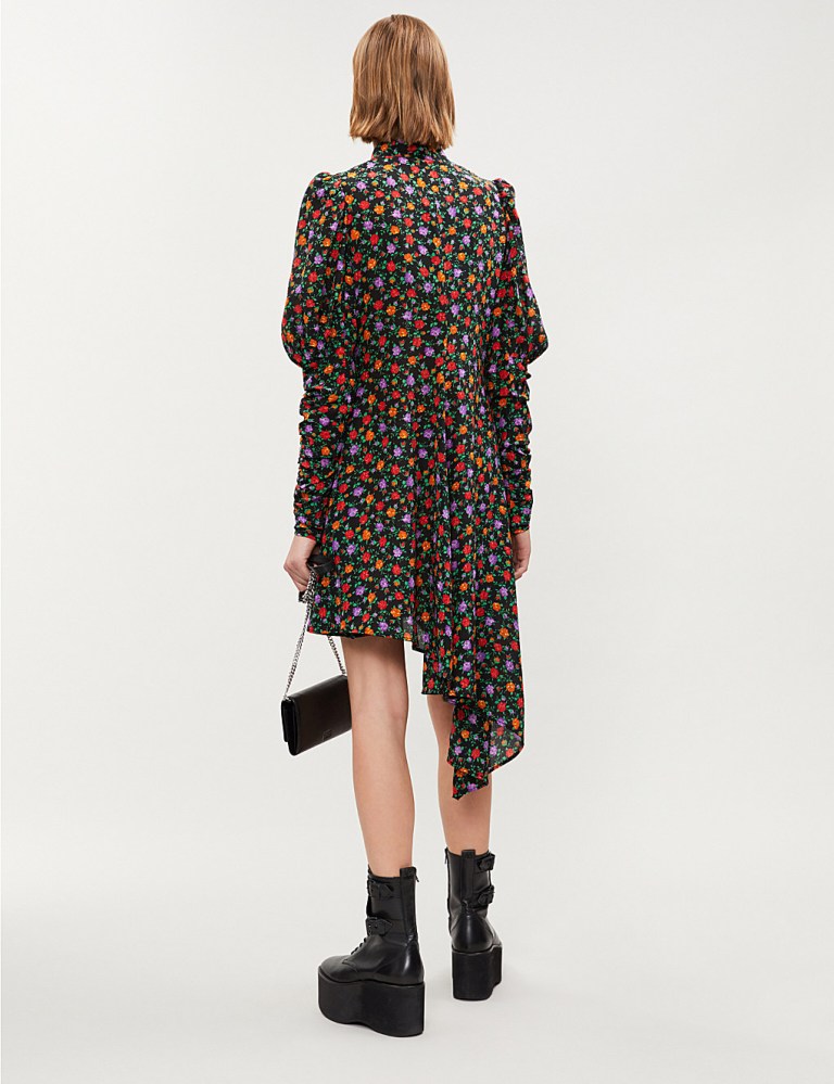 Kooples Asymmetric Balloon-sleeve Floral Print Silk Mini dress back view