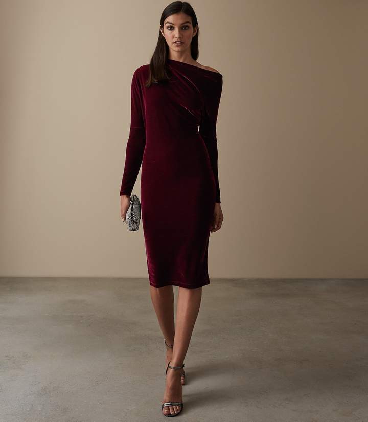 REISS Elsa Velvet Drape Detail Dress