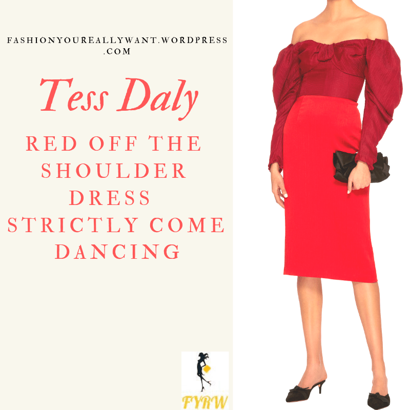 Where to get Tess Daly Strictly red two tone off the shoulder bardot dress outfit blog December 2018