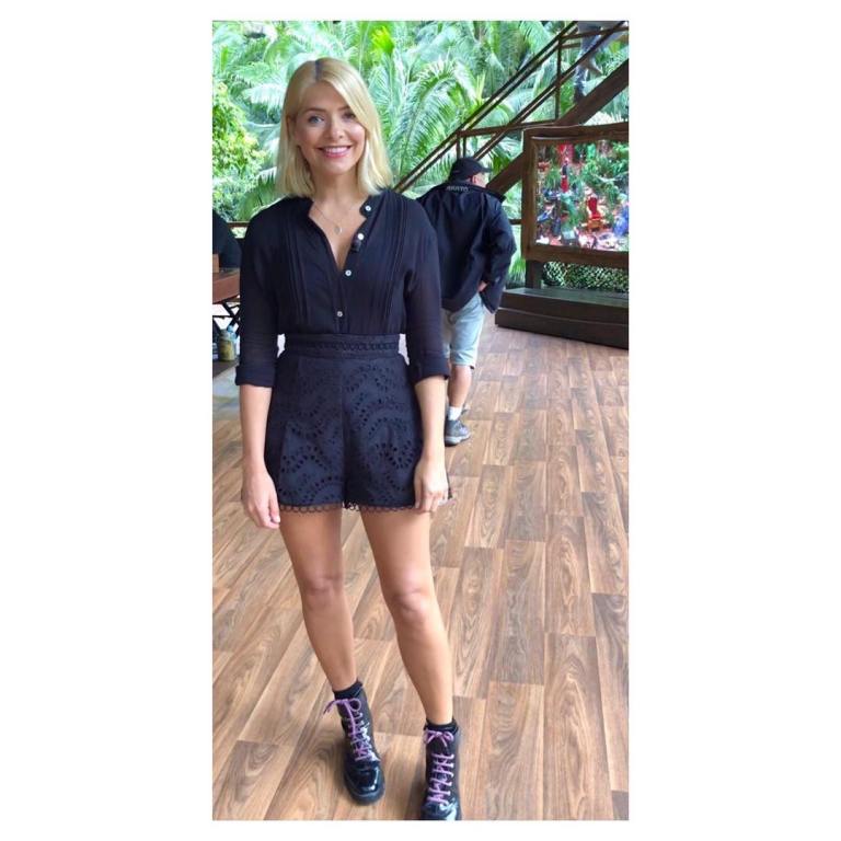 where to get Holly Willoughby I'm a Celebrity black lace shirt broderie anglaise shorts black boots December 2018