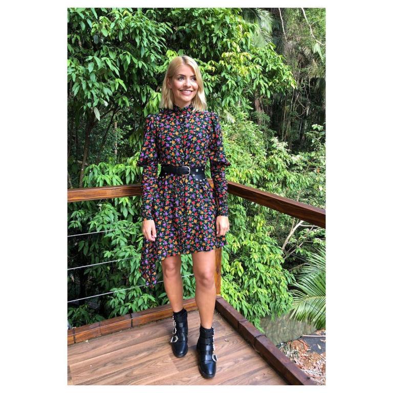 Where to get Holly Willoughby multi coloured dress black belt black buckle boots I'm a Celebrity December 2018
