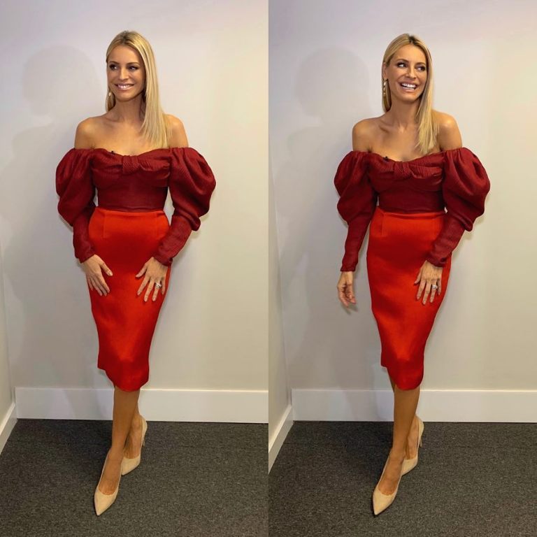 where to get Tess Daly Strictly off the shoulder bow two tone red dress December 2018