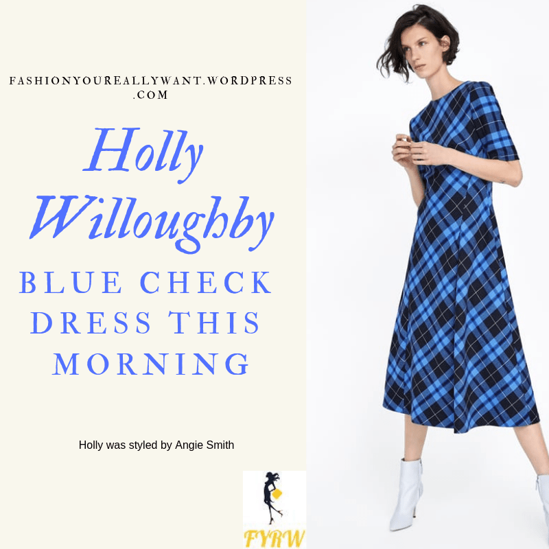 Where to get Holly Willoughby This Morning outfit today blue check dress black suede court shoes blog January 2019