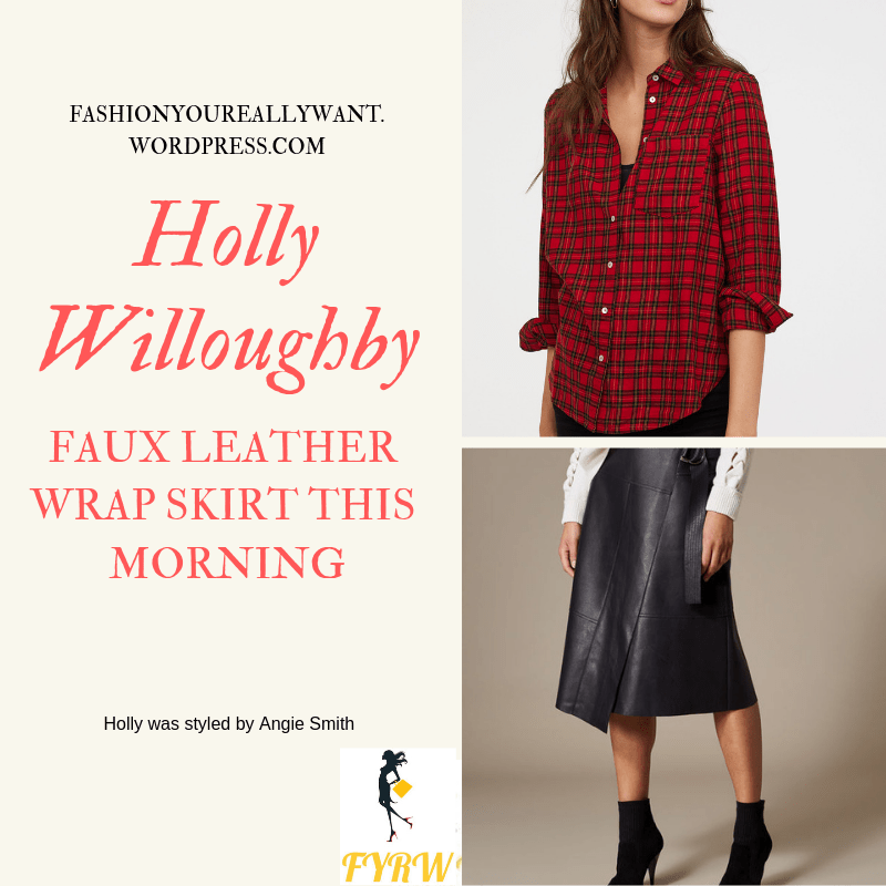 Where to get Holly Willoughby this Morning outfit today black faux leather skirt red check shirt black boots blog January 2019