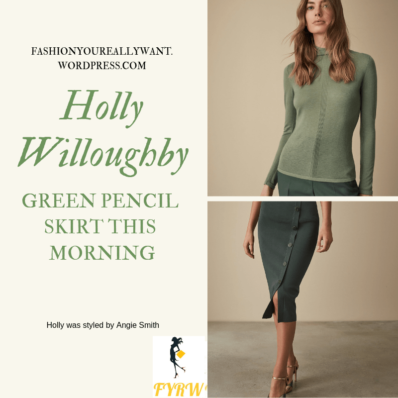 Where to get Holly Willoughby This Morning outfit today green polo neck green button pencil skirt nude court shoes blog January 2019