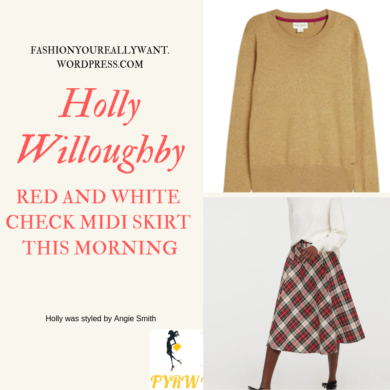 Where to get Holly Willoughby This Morning outfit today red and white check tartan skirt light brown jumper nude court shoes blog January 2019