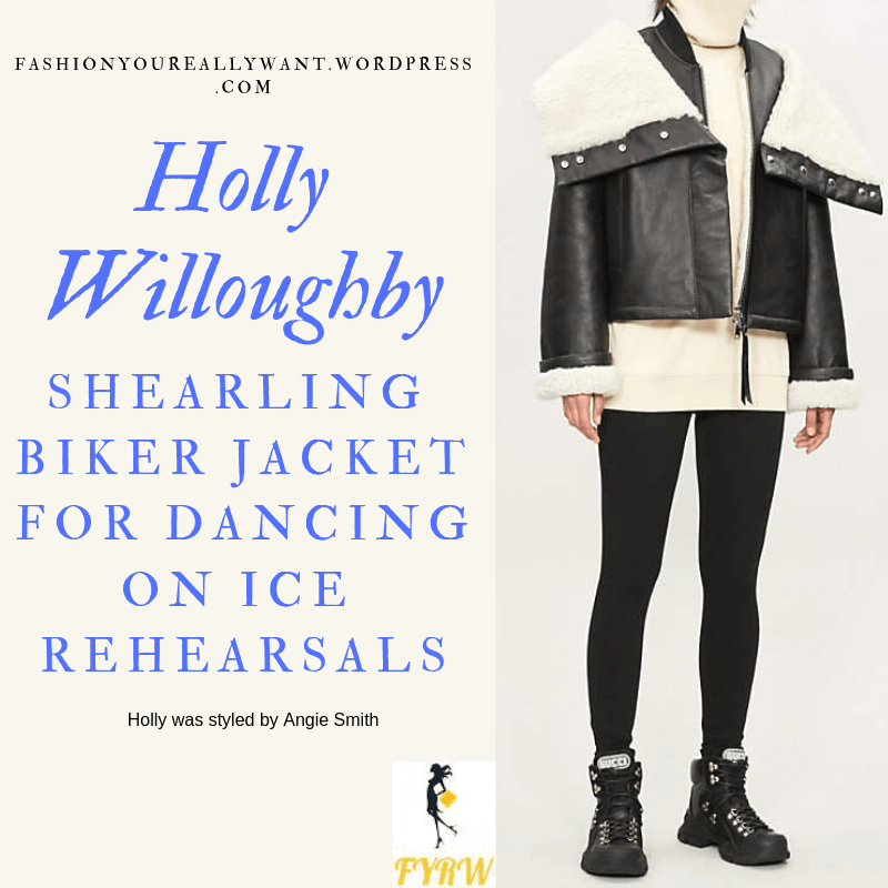 Where to get Holly Willoughby black and white shearling jacket Dancing on Ice rehearsals January 2019