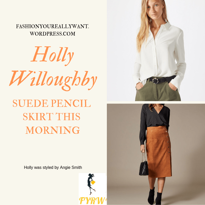 Where to get Holly Willoughby This Morning outfit suede tan pencil skirt white shirt nude court shoes blog January 2019