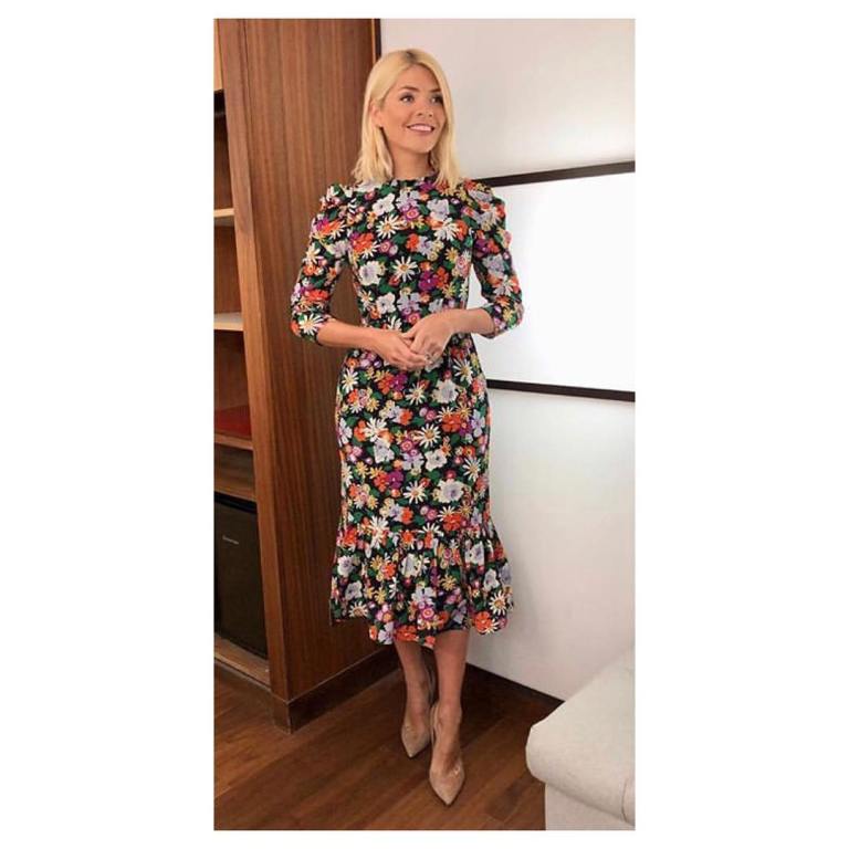 where to get holly willoughby his morning outfit black gloral dress nude court shoes january 2019 photo angie smith