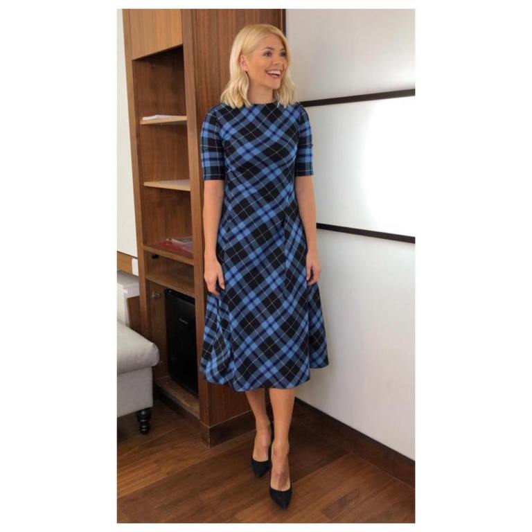 where to get holly willoughby this morning outfit today blue check dress black court shoes januaray 2019 photo holly willoughby