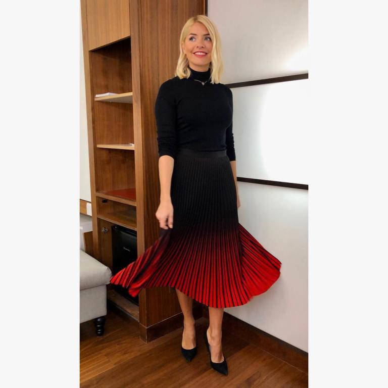 where to get holly willoughby this morning outfit today red and black skirt black polo neck black court shoes january 219 photo holly willoughby