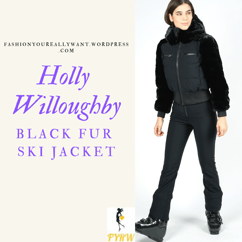 Where to get Holly Willoughby black fur ski jacket round sunglasses rainbow chevron blue ski suit February 2019