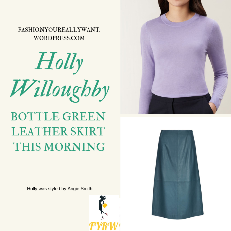 Where to get Holly Willoughby This Morning outfit bottle green leather skirt lilac jumper nude court shoes today blog February 2019