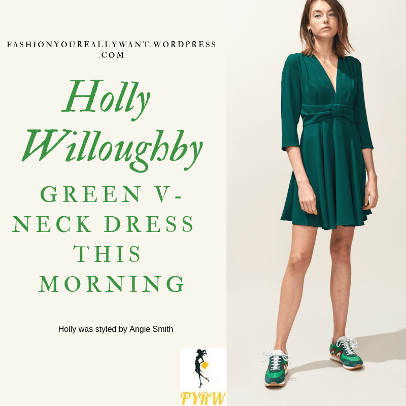 Where to get Holly Willoughby This Morning outfit today green v-neck dress nude court shoes blog February 2019