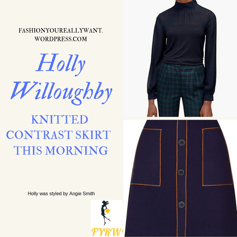 Where to get Holly Willoughby This Morning outfit today Knitted Contrast Skirt navy jumper white ankle boots blog February 2019