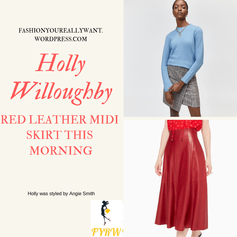 Where to get Holly Willoughby This Morning outfit today red leather midi skirt light blue jumper nude court shoes February 2019