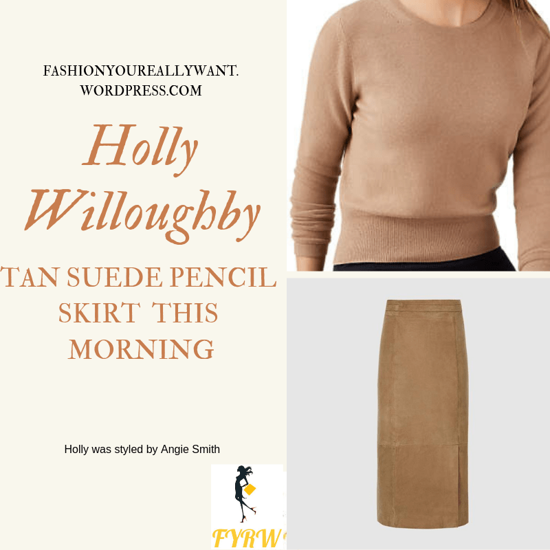 Where to get holly Willoughby This Morning outfit today tan suede pencil skirt brown camel jumper wine court shoes blog February 2019