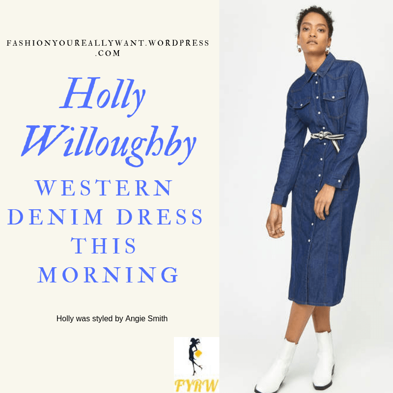 Where to get Holly Willoughby This Morning outfit today Western midi denim dress nude court shoes blog February 2019