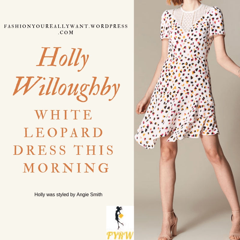 Where to get Holly Willoughby This Morning outfit today white leopard print lace insert dress pink court shoes blog February 2019