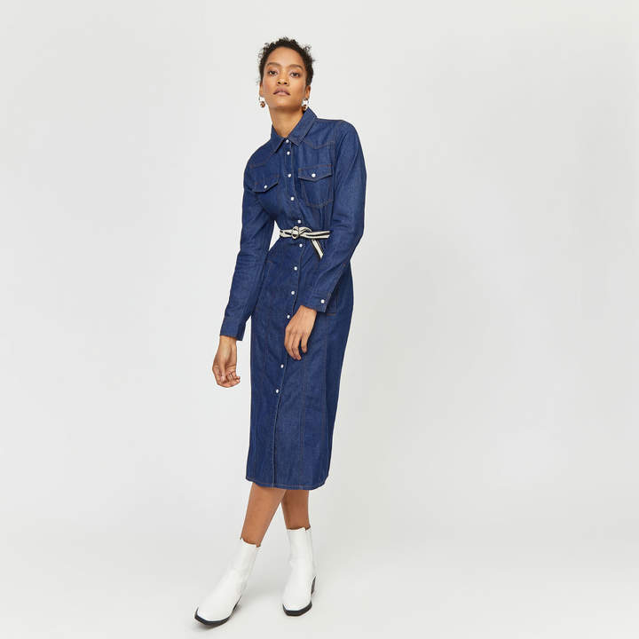 white christmas dresses Tiered Denim Maxi Dress with Belt – Emma Lou's Boutique main image 0