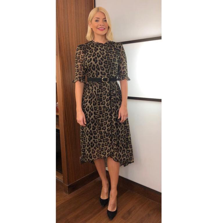 where to get holly Willoughby This Morning outfit leopard print dress black court shoes February 2019 photo Holly Willoughby