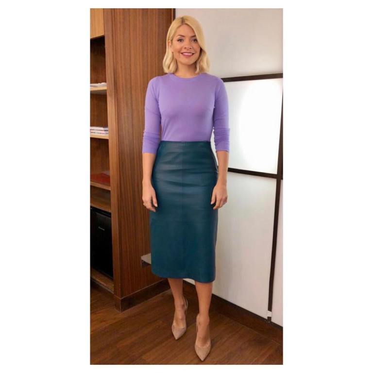 where to get Holly Willoughby This Morning outfit today bottle green leather skirt lilac jumper nude court shoes February 2019 photo Holly Willoughby
