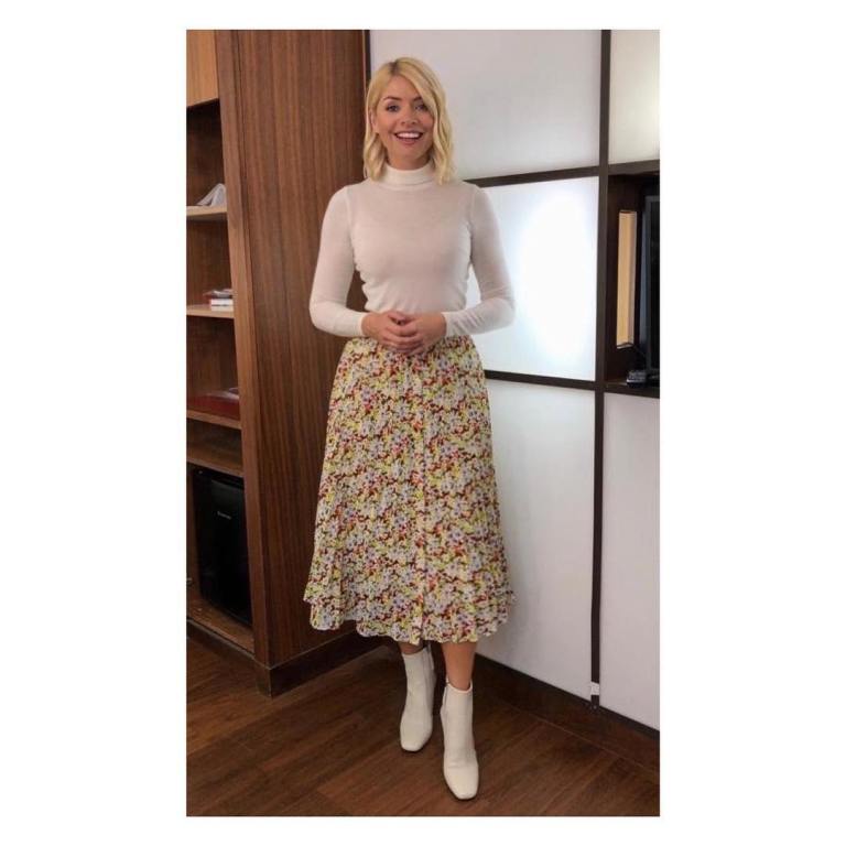 where to get Holly Willoughby This Morning outfit today pleated floral skirtnivory jumper white ankle boots February 21019 photo Holly Willoughby