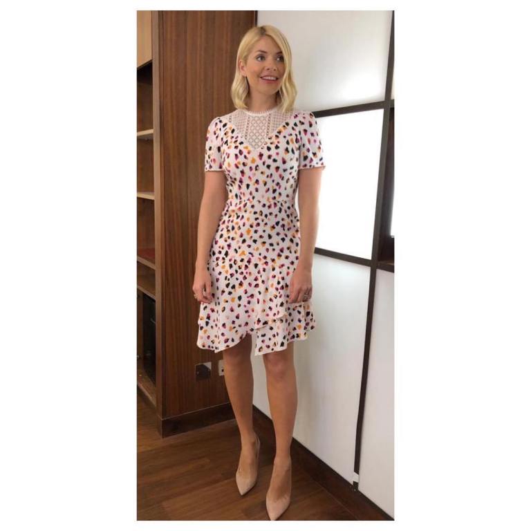 where to get Holly Willoughby This Morning outfit today wite lace leopard print dress nude court shoes February 2019 photo Holly Willoughby