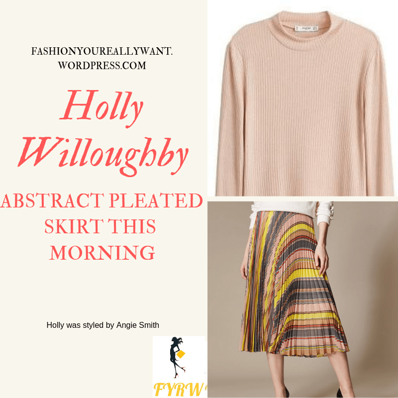 Where to get Holly Willoughby This Morning outfit today yellow and white pleated skirt pink top blog March 2019