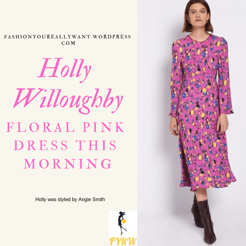 Where to get Holly Willoughby This Morning outfit today pink floral trumpet sleeve dress nude court shoes blog March 2019