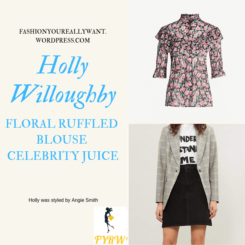 Where to get Holly Willoughby Floral Ruffled Blouse black mini skirt Celebrity Juice outfit March 2019
