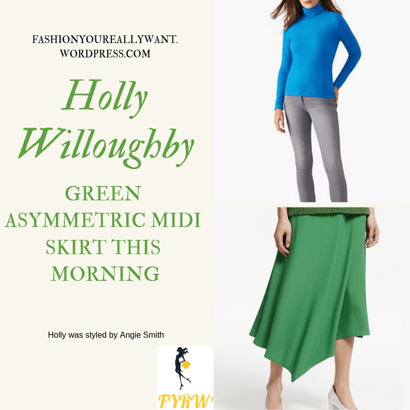 Where to get Holly Willoughby This Morning outfit today green fold asymmetric midi skirt bright blue polo neck white court shoes blog March 2019