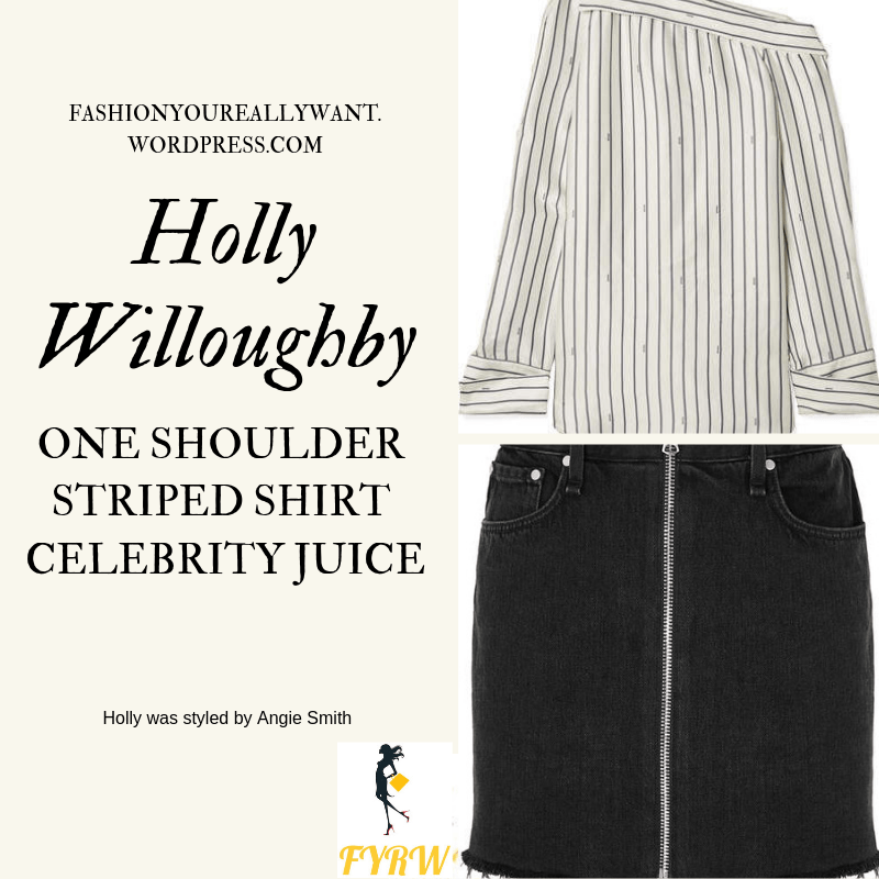 Where to get Holly Willoughby One Shoulder Striped Shirt black zip denim skirt black ankle boots Celebrity Juice March 2019