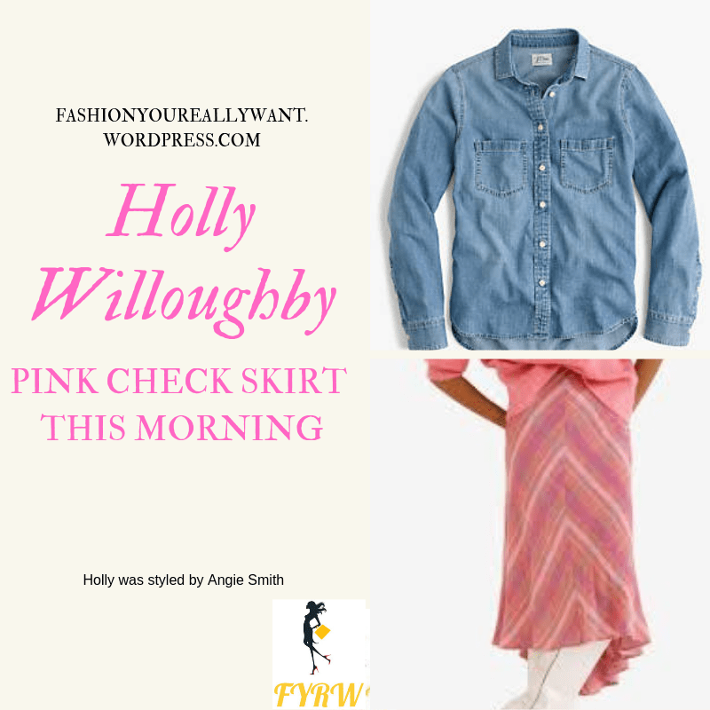 Where to get Holly Willoughby This Morning outfit today pink check skirt denim chambray shirt nude suede court shoes blog March 2019