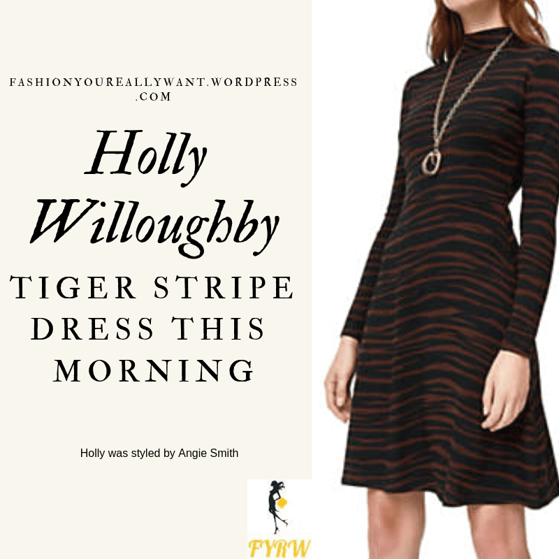 Where to Get Holly Willoughby  This Morning outfit today black and brown animal tiger stripe dress black ankle boots blog March 2019